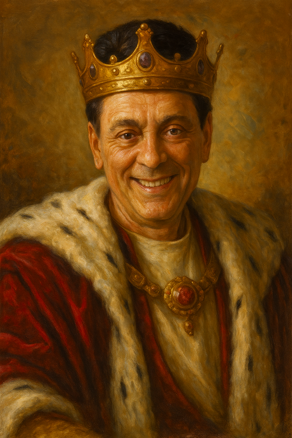 Portrait of a man wearing a crown and robe with a warm, brown background