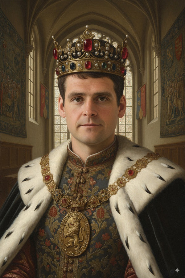 Man in regal attire with a crown in an ornate room