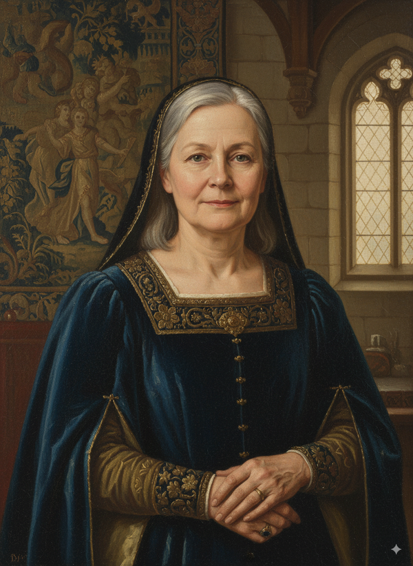 Portrait of a woman in a dark blue dress with gold embroidery in a room with tapestries and a stained glass window.