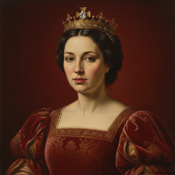 Portrait of a woman in a red dress and crown against a dark background