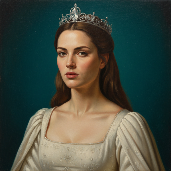 Portrait of a woman wearing a tiara and elegant dress against a dark blue background