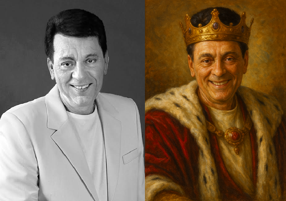 Side-by-side comparison of a person in modern attire and a historical figure in regal clothing with a crown.