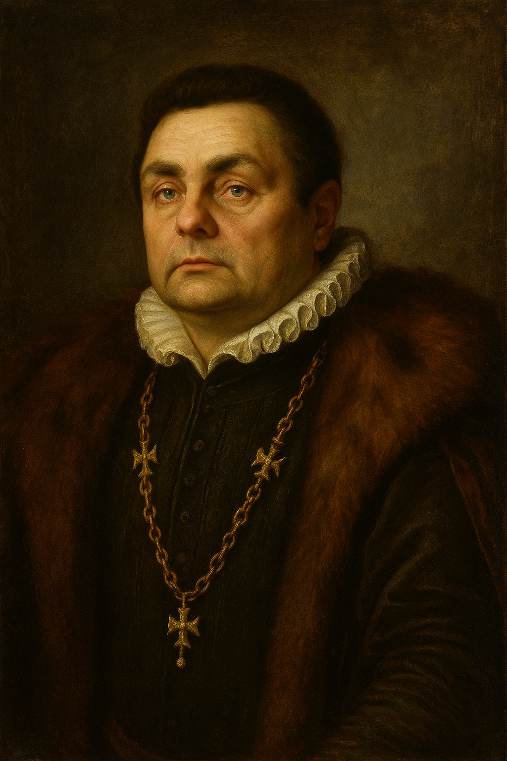 Portrait of a man wearing a dark robe with a high collar and a gold chain, set against a dark background.