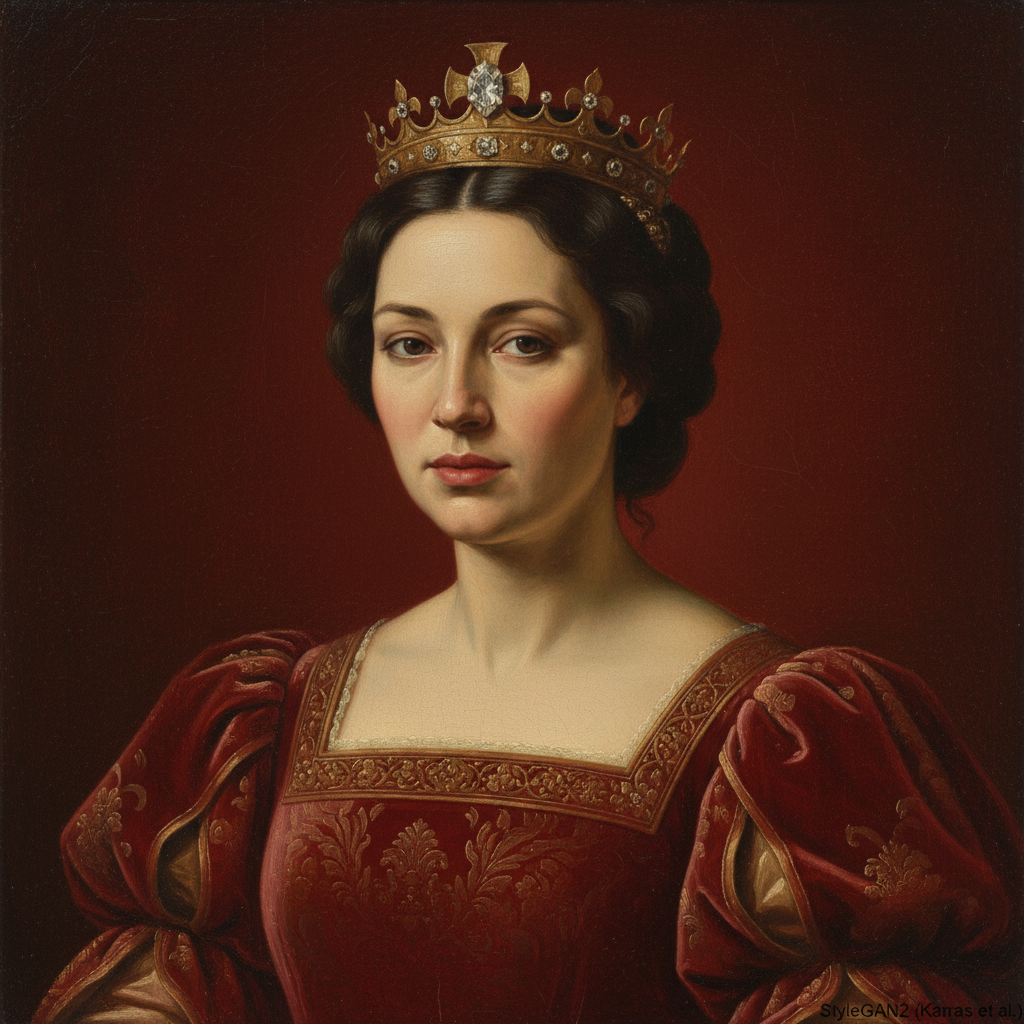 Portrait of a woman in a red dress and crown against a dark background
