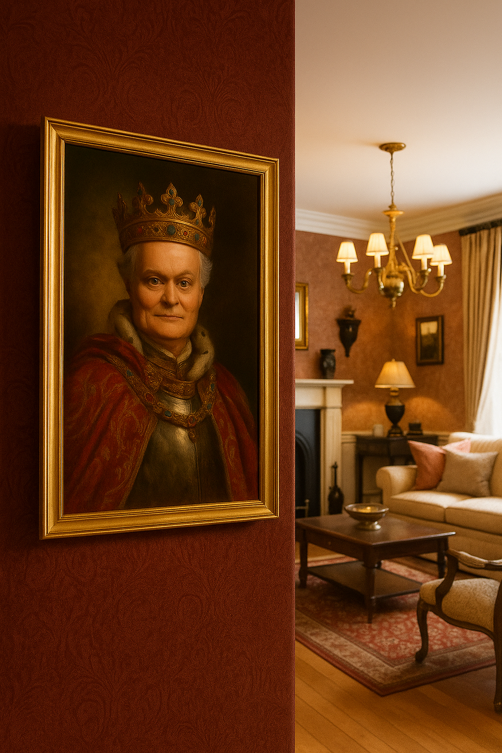Portrait of a person in a crown on a wall in an elegant room with a fireplace and chandelier.