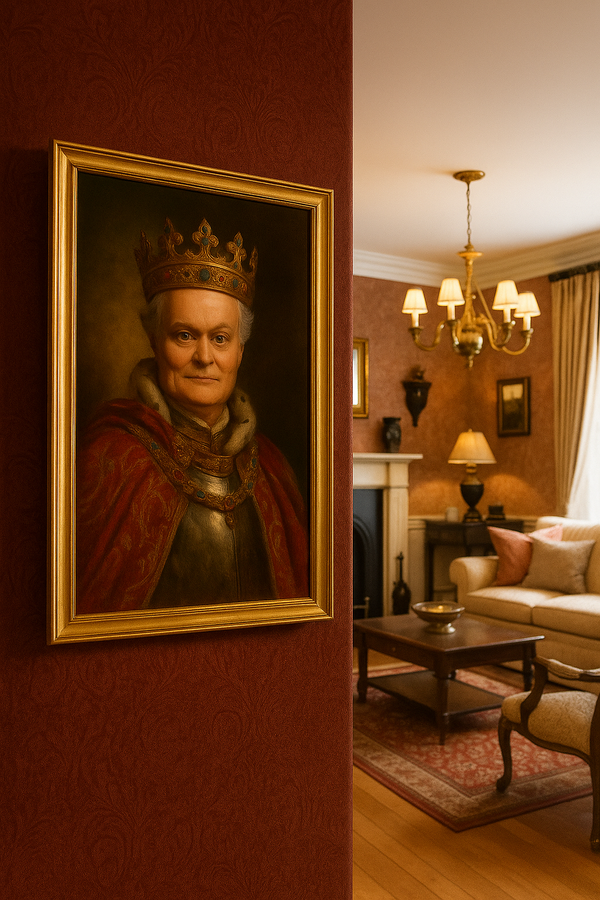 Portrait of a person in a crown on a wall in an elegant room with a fireplace and chandelier.