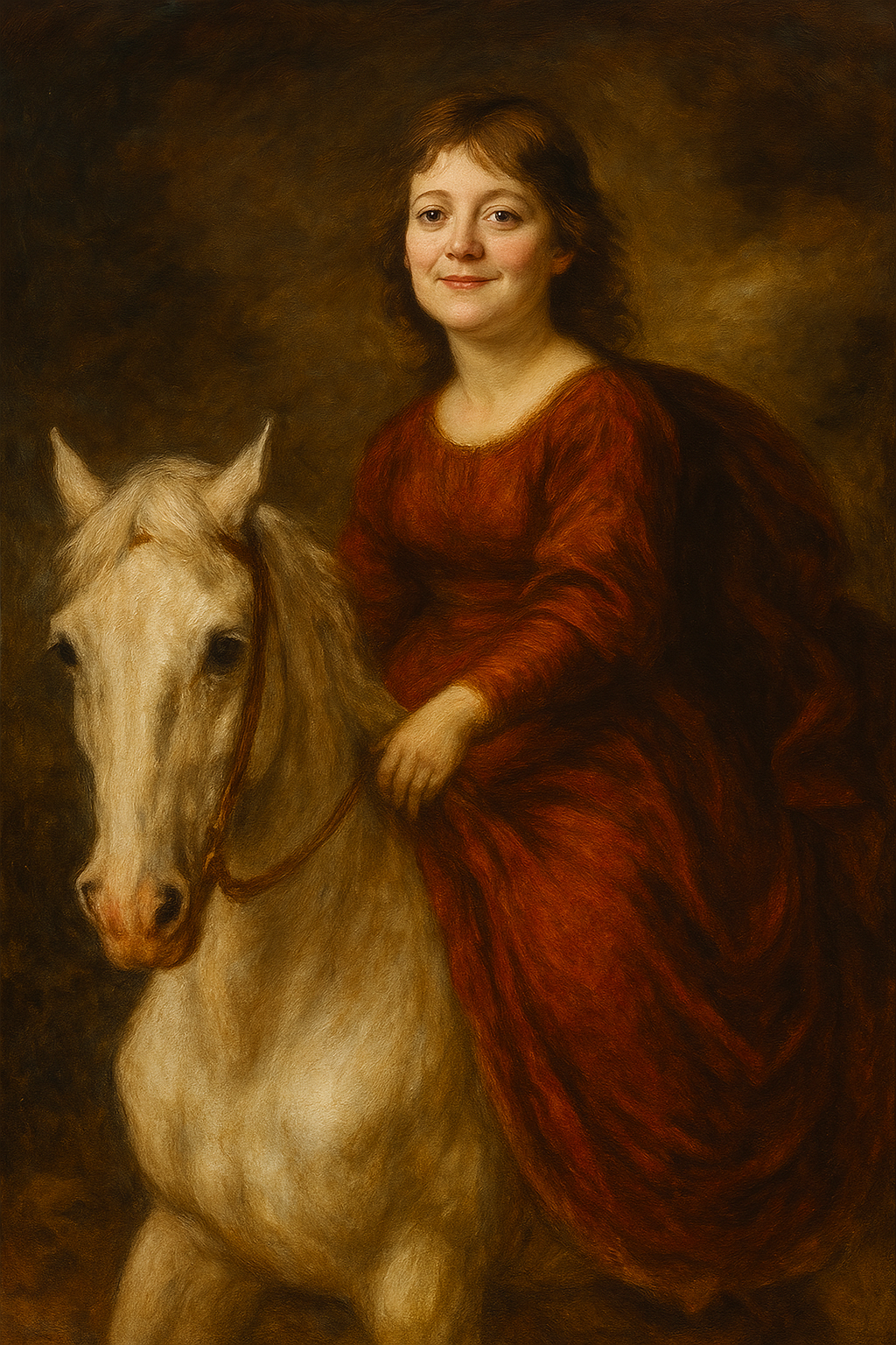 Woman in a red dress standing next to a horse against a dark background